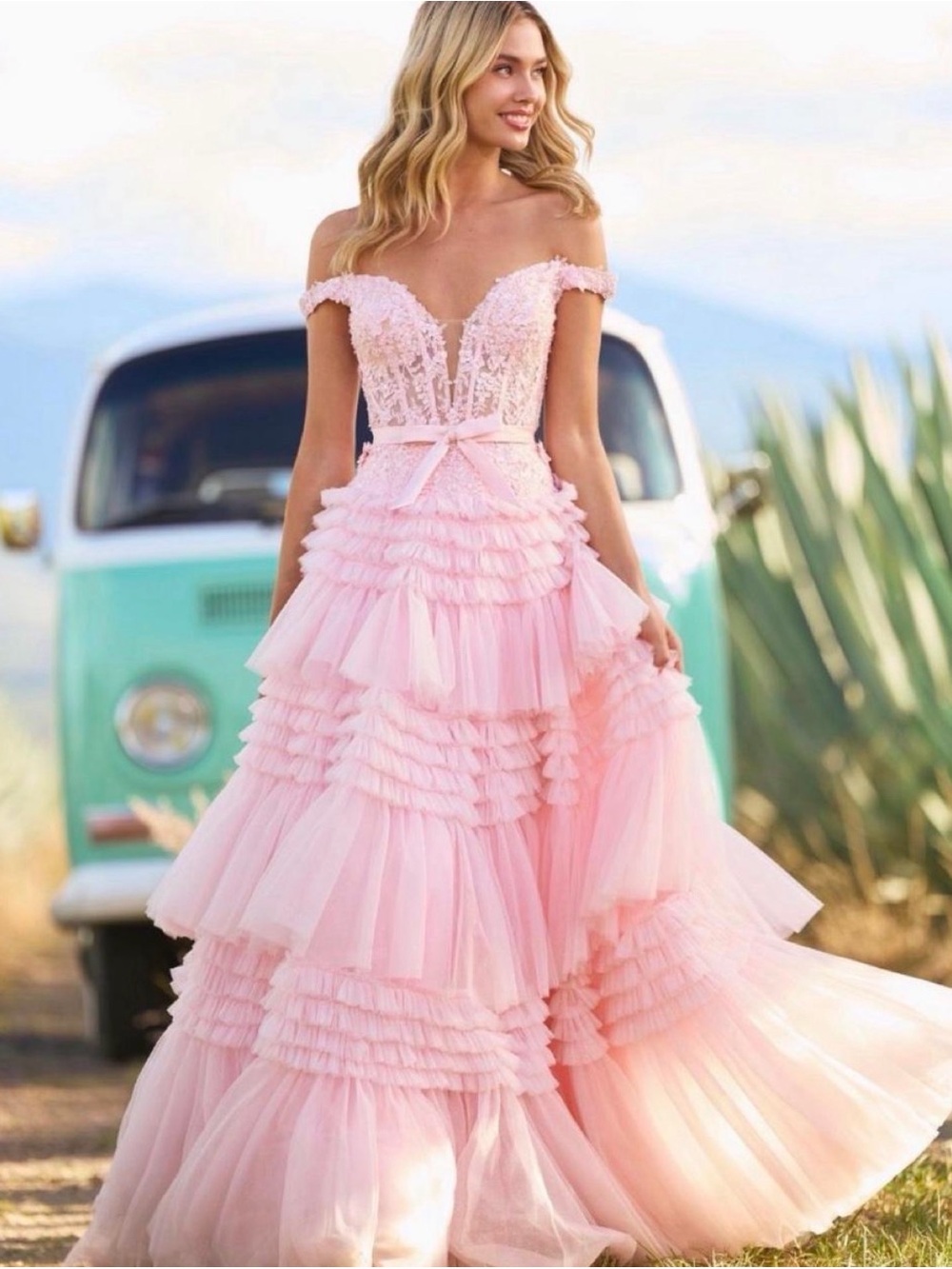 Sherri Hill Soft Pink Off-Shoulder Ruffled Tulle Ball Gown